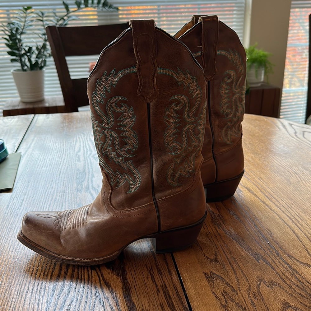 Nocona Turquoise and Brown Square Toe cowboy cowgirl western boots women 8